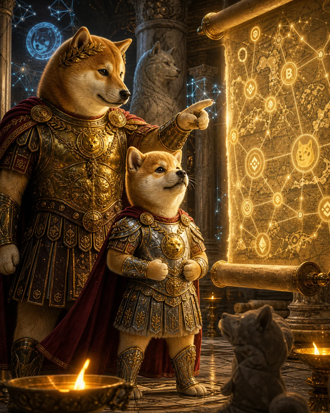 Dogeus Maximus teaching Dogeus Minimus from a glowing blockchain map