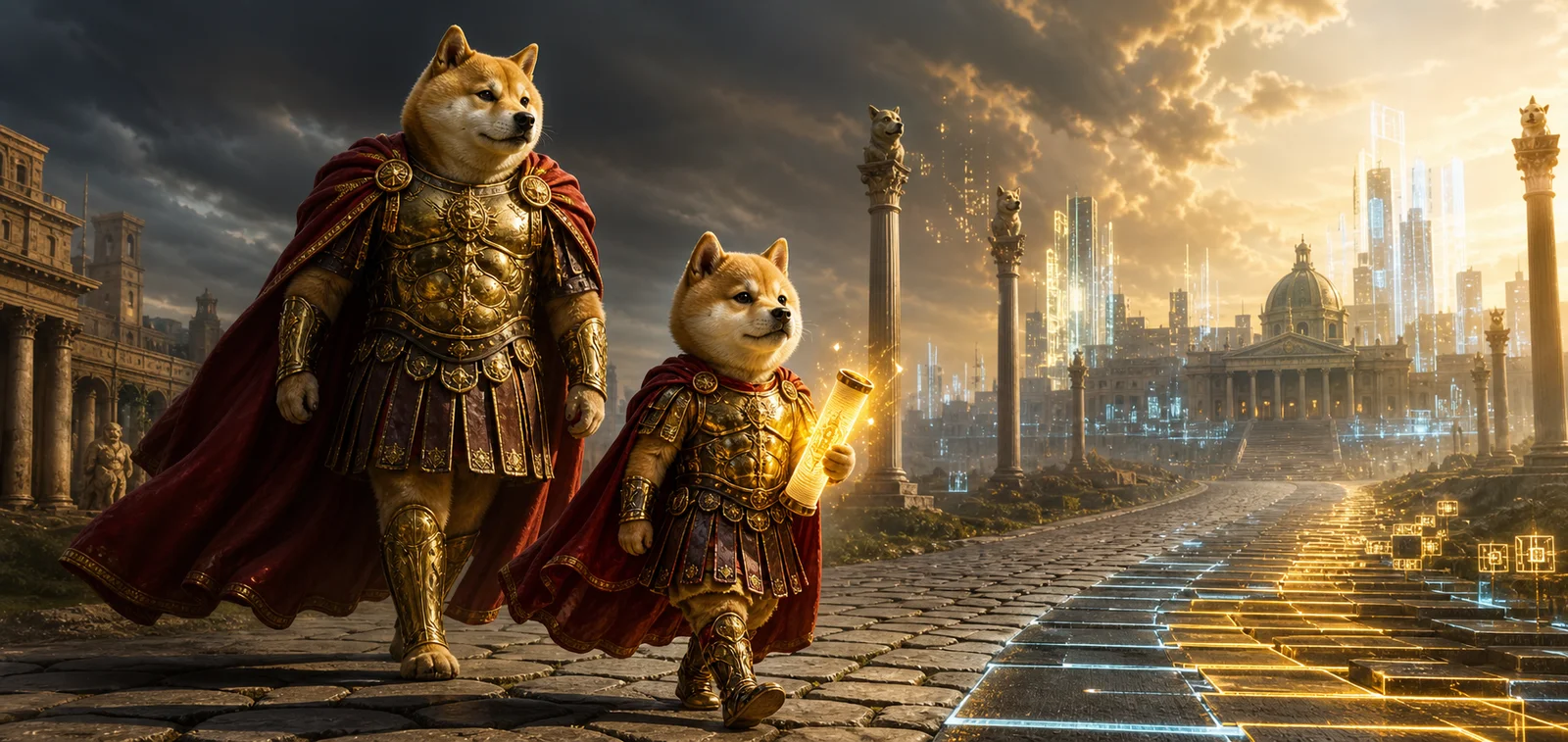 Dogeus Maximus and Dogeus Minimus walking toward a futuristic blockchain city