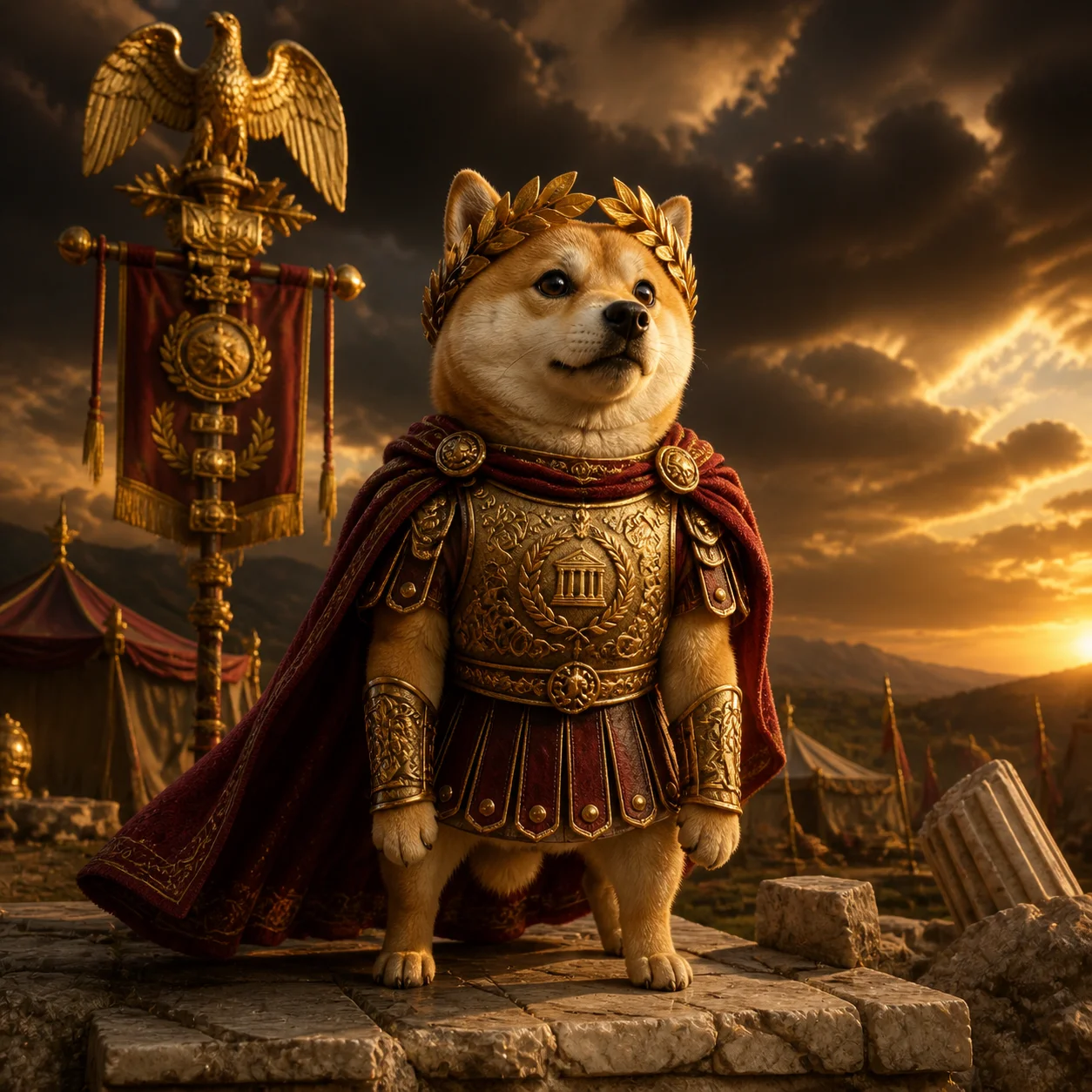 Dogeus Minimus before a golden imperial standard at sunset